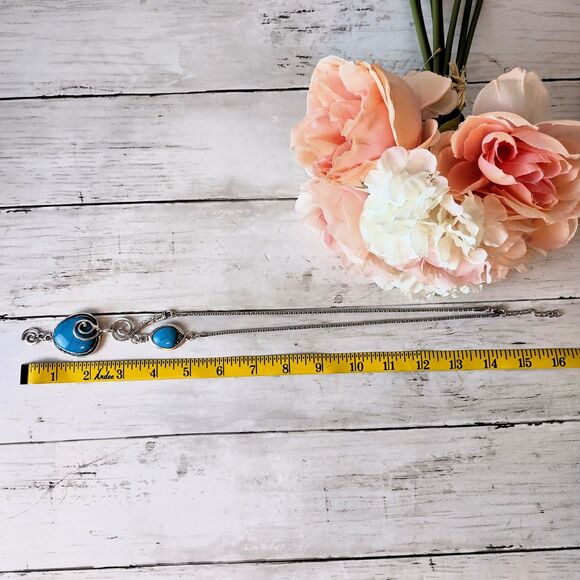 New Statement Faux Turquoise Stones Silver Tone Necklace 28" Bold - Picture 6 of 7